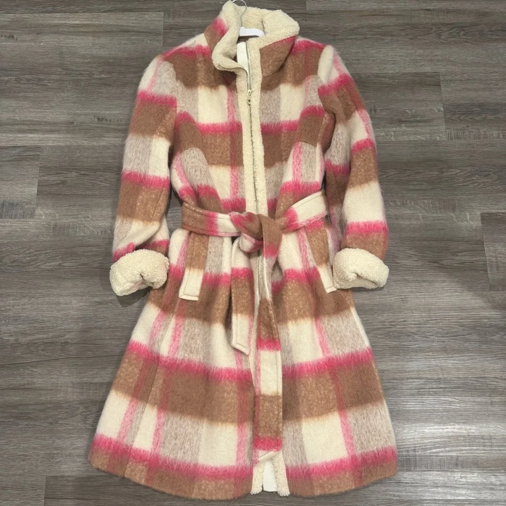Kate Spade Belted Maxi Wool with Sherpa Detail Buffalo Plaid Coat